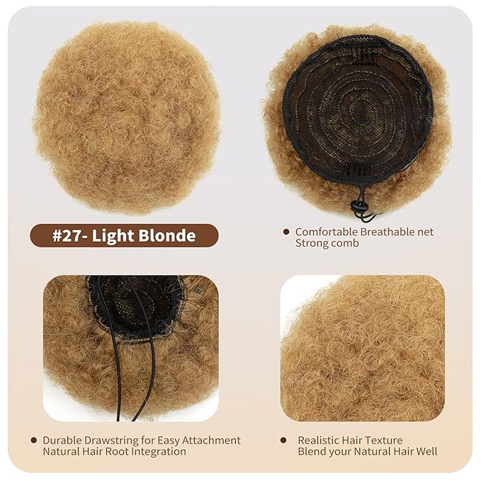 Kids Afro Puff Small 4 Inch Real Human Hair Ponytail for Baby Black Women Short Kinky Curly Ponytail Extension Drawstring Ponytail Fake Bun 4c Children African American Cheer Puffs Light Blonde 30g