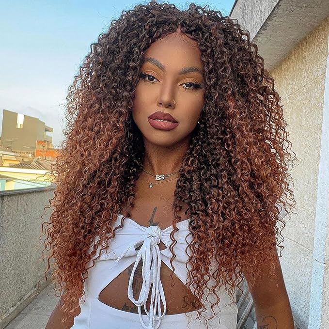 Xtrend Pre looped Brazilian Micro Kinky Curly Crochet Hair 24 Inch 8 Packs Ombre Brown Yaki Kinky Curly Water Wave Crochet Hair Synthetic Deep Wave Mini Boho Braids For Women (30 Strands/Pack，T30#)