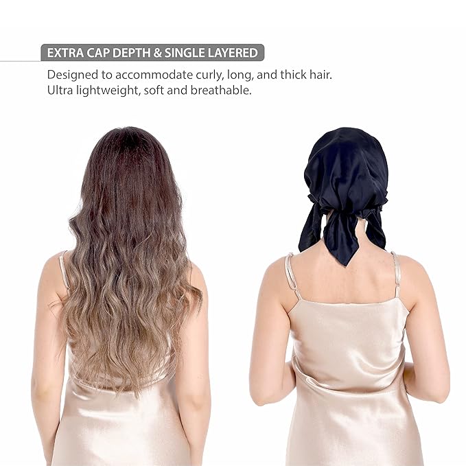 SissiLita Women's Silk Sleep Cap, Large Deep Royal Navy Hair Bonnet for Curly Hair, Moisture Wicking, Lightweight