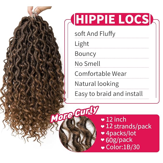 Goddess Locs Crochet Hair Short Curly Boho Faux Locs 12Inch River Hippie Bohemian Loc Crochet Braids for Black Women (1B/30, 12inch)