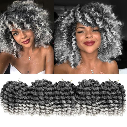 5 Packs 2X Ringlet Wand Curl Jamaican Bounce 8 inch Synthetic Crochet Hair Extensions Silver Grey Ombre Crochet Braiding Hair 20 Roots (8Inch (Pack of 5), TSilver grey)