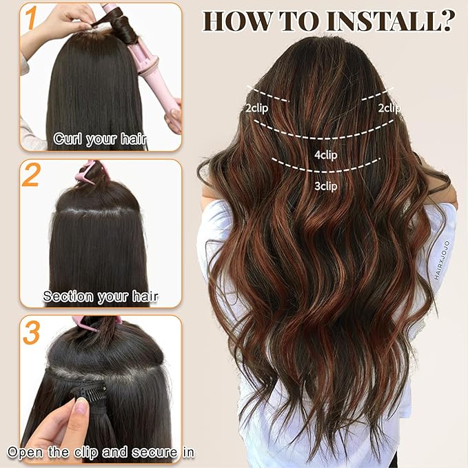 ALXNAN Clip in Long Wavy Synthetic Hair Extension 24 Inch Dark Brown with Reddish Brown Highlights 4PCS Thick Hairpieces Fiber Double Weft Hair for Women