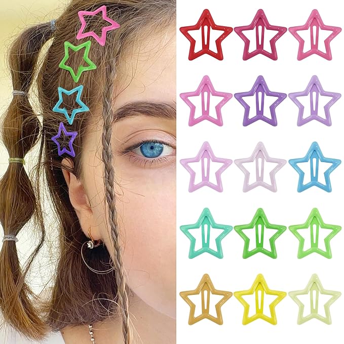 Star Hair Clips Multiple Colors Snap Hair Barrettes Non Slip Star Hair Accessories Metal Hair Clips for Girls Women -15 PCS 1.18"