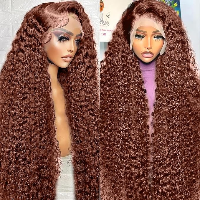 MEGOOD 13x4 Deep Wave Reddish Brown Lace Front Wigs Human Hair Reddish Brown Curly Human Hair Wig 200 Density 33# 13x4 HD Lace Frontal Wigs Human Hair Pre Plucked For Women Brown Wig 18 Inch