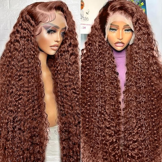 MEGOOD 13x4 Deep Wave Reddish Brown Lace Front Wigs Human Hair Reddish Brown Curly Human Hair Wig 200 Density 33# 13x4 HD Lace Frontal Wigs Human Hair Pre Plucked For Women Brown Wig 18 Inch