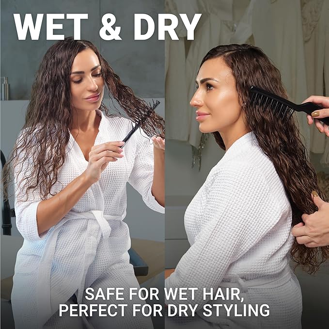 Janeke J-Brush Detangling Comb for Curly and Wavy Hair – Wide Tooth J-Shape Brush for Wet and Dry Use – Anti-Frizz, Lightweight and Gentle on Scalp – Made in Italy Professional Styling Tool (Black)