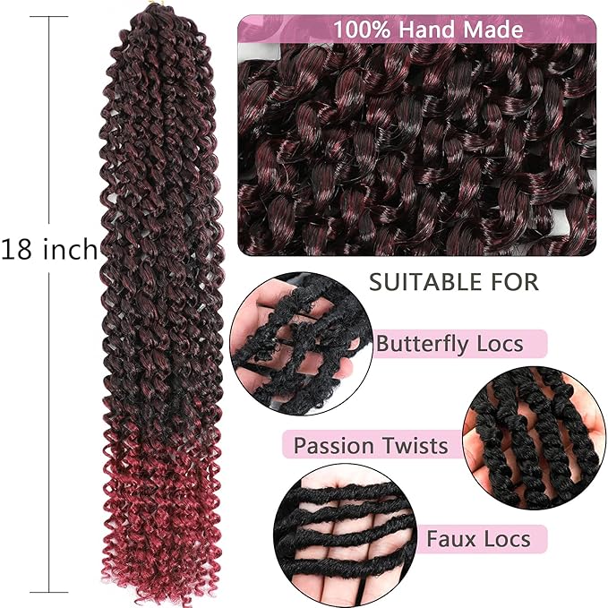 Passion Twist Hair Burgundy Red 18 Inch 8 Packs Passion Twist Crochet Hair Water Wave Braiding Hair Long Spring Twist Hair Crochet Braids Synthetic Hair Extension (18 Inch (Pack of 8), TBG)