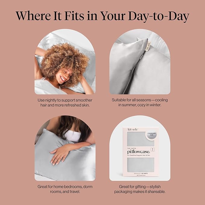 Kitsch Satin Pillowcase with Zipper for Hair & Skin, Softer Than Silk Pillow Cases Queen, Wrinkle-Free, Smooth and Cooling Satin Pillow Covers, Standard Size 19"x26", Silver