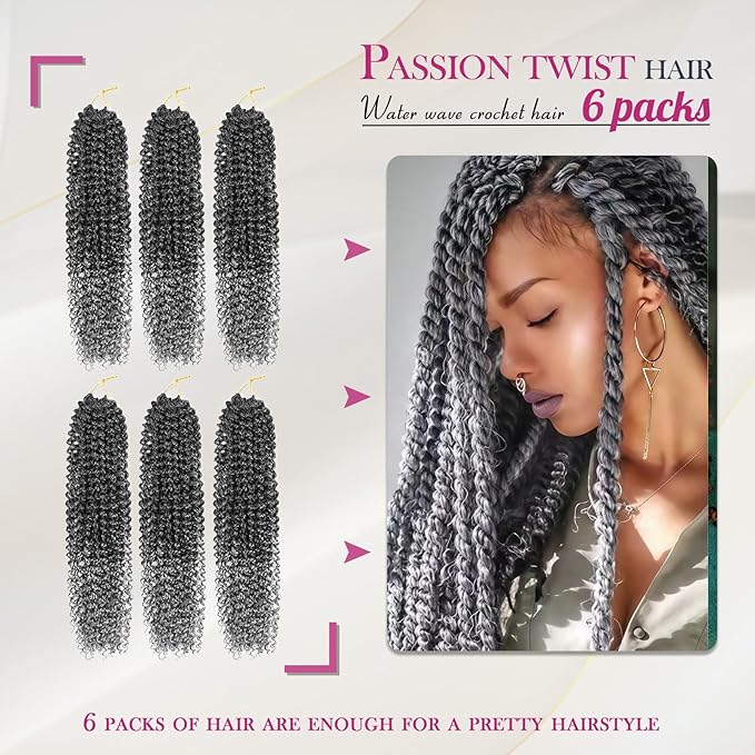 Dansama Passion Twist Hair Water Wave Braiding Hair for Butterfly Style Crochet Braids Bohemian Hair Extensions (18inch (Pack of 6), T1B/GREY, Economy Pack)