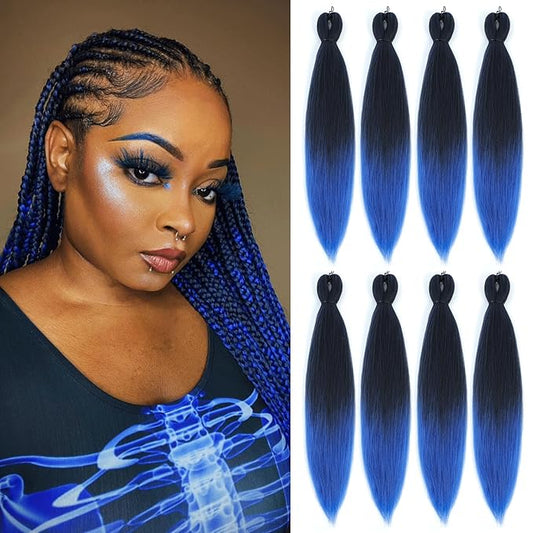 Pre-stretched Braiding Hair - 30 Inch 8 Packs Ombre Blue Braiding Hair For Twist or Box Braids, Yaki Texture Hot Water Setting Synthetic Super Long Braiding Hair (30 Inch, T-Blue-8P)