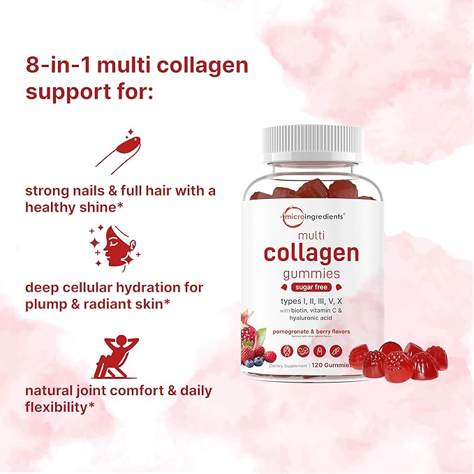 Micro Ingredients Multi Collagen Peptides, 120 Collagen Gummies | Type I,II,III,V,X Protein with Biotin, Hyaluronic Acid, & Vitamin C Complex | Pomegranate & Berry Flavored | Sugar Free, Non-GMO
