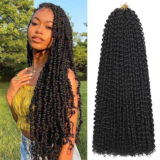 Passion Twist Hair 16 Inch 8 Packs Water Wave Crochet Braids Pre Looped Bohemian Braiding Hair Extensions for Black Women （1B Black#）