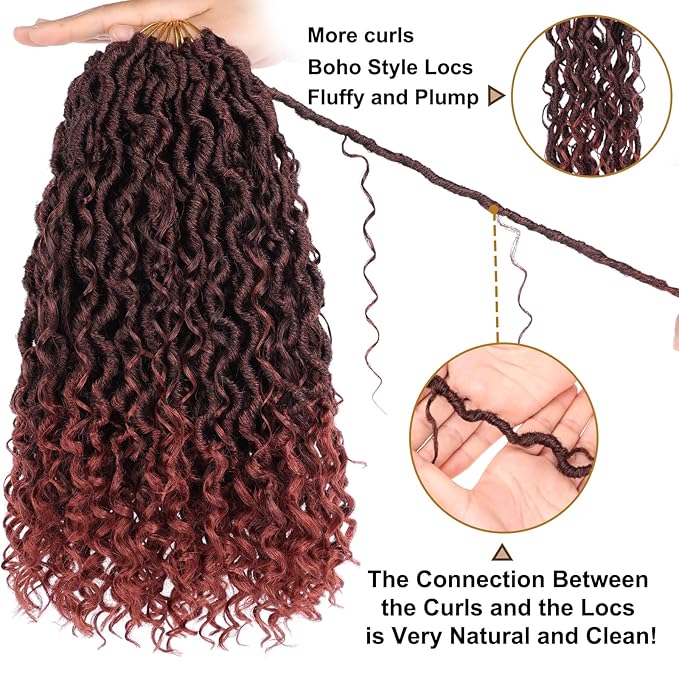 COOKOO Ombre Ginger Goddess Locs 14 Inch 8 Packs Bohemian Faux Crochet Hair for Kids Pre-Looped River Locs With Curly Ends Soft T350#
