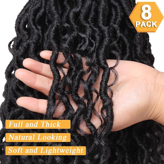 COOKOO Natural Black Goddess Crochet Hair - 10 Inch, 8 Packs Pre-looped Faux Locs with Curly Ends - Bohemian Locs Crochet Braids for Black Women