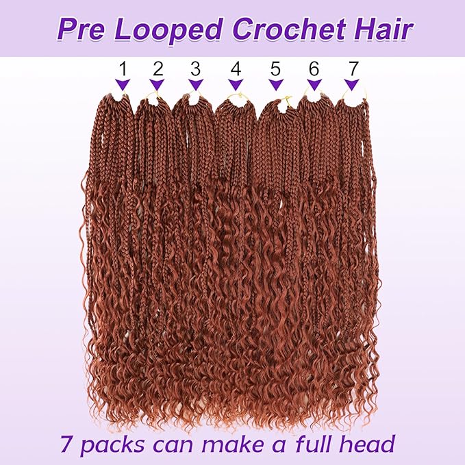 Eacia Goddess Box Braids Crochet Hair 24 Inch 7 Packs Reddish Brown Boho Braids for Women Pre Looped Crochet Hair with Curly Ends (24 Inch, Reddish Brown#)