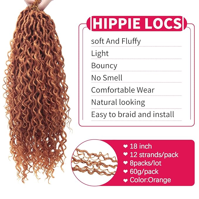 8Packs Goddess Locs Crochet Hair 18Inch Boho Faux Locs,Crochet Loc With Curly Ends River Hippie Bohemian Loc Crochet Hair for Black Women(Orange, 18inch(Pack of 8))