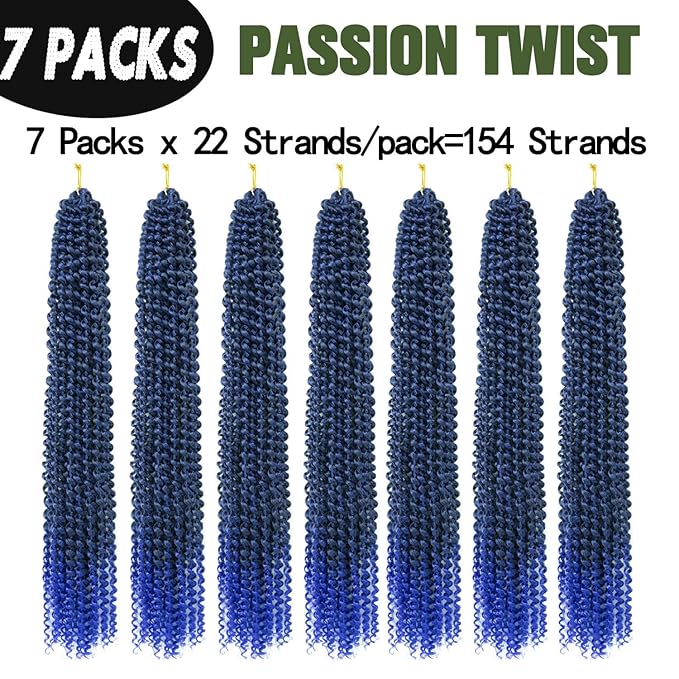 Ubeleco Long Passion Twist Hair,24 Inch Water Wave Crochet Hair Passion Twist Crochet Hair for Women Ombre Blue Bohemian Synthetic Curly Braiding Hair Extensions (24 Inch (Pack of 7),1B/Blue)