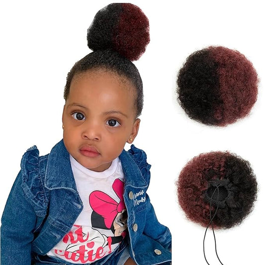 Small Kids Afro Puff Real Human Hair Ponytail for Baby Black Women Short Kinky Curly Ponytail Extensions Drawstring Ponytail Fake Buns African American 4c Half Natural Black Half Wine Red 4 Inch 30g