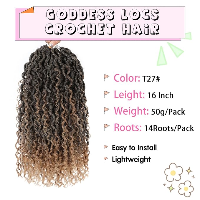 Fulcrum Goddess Locs Crochet Hair 16 Inch, 8 Packs New Faux Locs Crochet Hair for Black Women, Crochet locs with Curly Ends (16Inch (Pack of 8), T27#)
