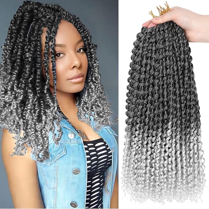 Ubeleco 14 Inch Ombre Silver Passion Twist Hair, Short Water Wave Crochet Hair for Passion Twist Crochet Hair Bohemian Synthetic Curly Braiding Hair Extensions (14 Inch (Pack of 7),1B/Gray)