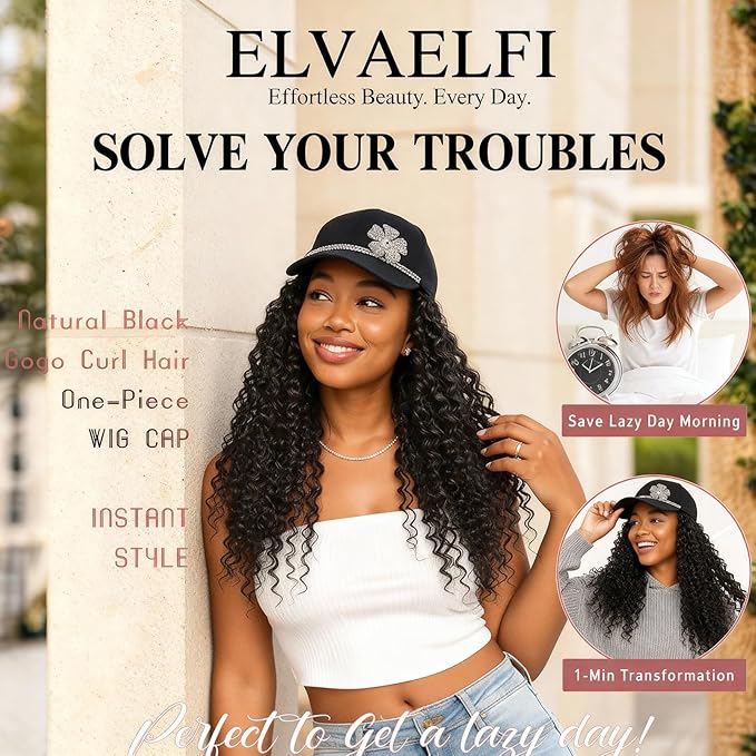 Hat Wig 16-Inch Gogo Curl Crochet Hair Extensions, Black Deep Wave Afro Curly Wigs for Black Women