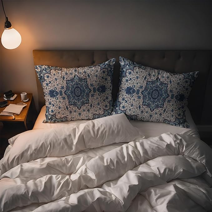 Satin Pillowcase Boho Blue Ethnic Carpet Similar to Silk Pillow Cases for Hair and Skin, 1 Pack Soft Smooth Breathable Cool Pillow Cases, with Hidden Zipper, Room Decor Essentials King Size 20" x 36"