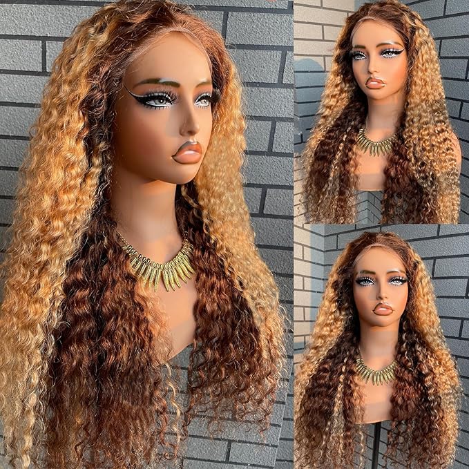 MEGOOD 250% Density 13x6 Highlight Ombre Lace Front Wig Human Hair 13x6 HD Honey Blonde 4/27 Curly Wig Human Hair Pre Plucked Deep Wave Lace Front Wigs Human Hair Colored Wigs 28Inch