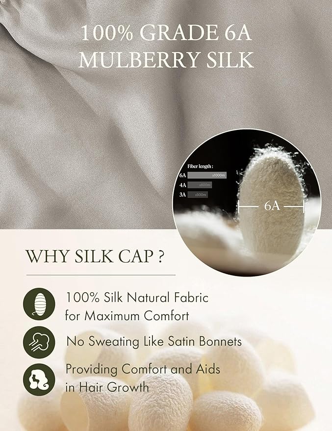 LilySilk Pure Mulberry Silk Long Bonnet for Sleeping - 19MM Silk Hair Cap for Long Curly Hair - Women's Sleep Cap with Elastic Band, Silvergray