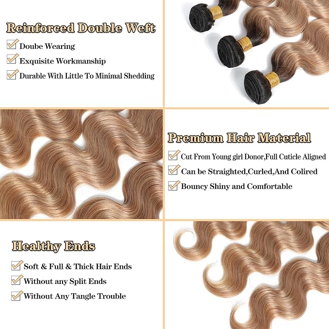 12A Ombre Body Wave Bundles Human Hair (T1B/27,16" 18" 20") Ombre Human Hair Bundles 3 Bundles Human Hair 100% Unprocessed Virgin Brazilian Body Wave Human Hair Weave Bundles