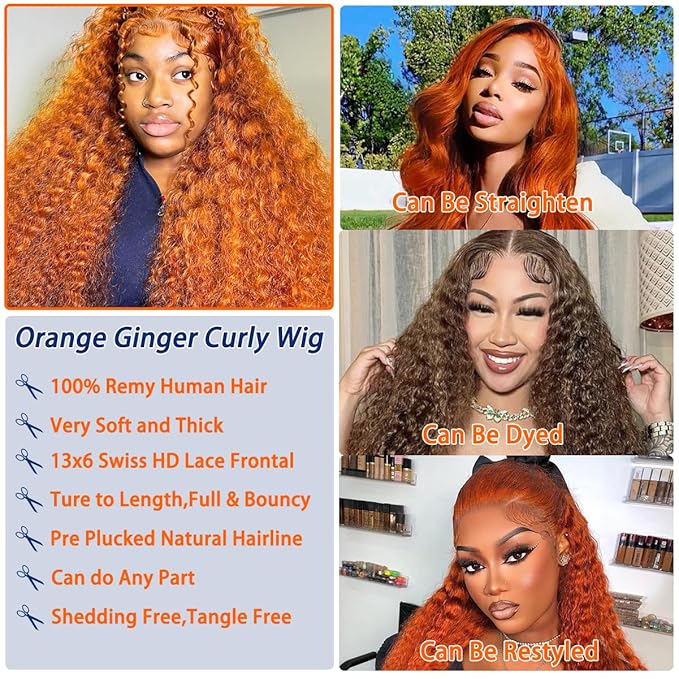 Ginger Orange Deep Curly HD Lace Front Wigs for Women 13x6 Wet and Wavy Deep Wave Frontal Wigs Human Hair 210% Density 350# Colored Glueless Wig Human Hair Pre Plucked 20Inch