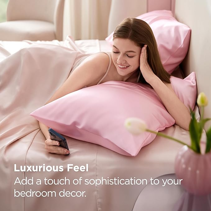 Bedsure Satin Pillowcase for Hair and Skin Queen, Similar to Silk Pillow Cases, Pillow Cases Set of 2 with Envelope Closure, Pink Room Decor Essentials,Pink Gifts for Women Girls 20x30 Inches, 2pcs