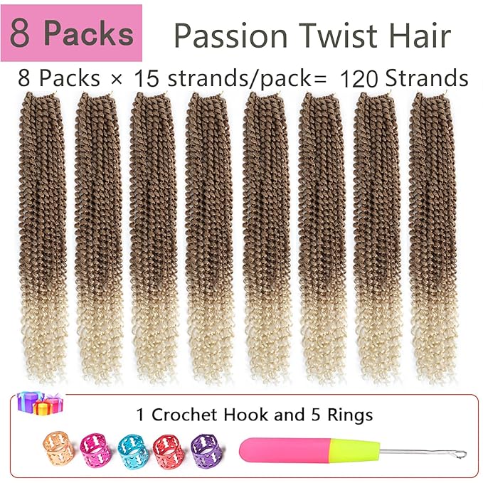 Passion Twist Hair Blonde 24 Inch 8 Packs Passion Twist Crochet Hair For Women Curly Braiding Hair Long Water Wave Hair Synthetic Hair Extension (24 Inch (Pack of 8), 27/613#)