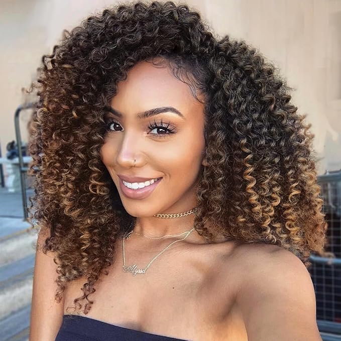 LADY MIRANDA Brown Color Afro kinky Curly Braiding Hair Extensions Jerry Curl Crochet Hair 3X Braid Hair Mixed Dark Brown to Light Brown Short Synthetic Hair Styles (Black&brown)