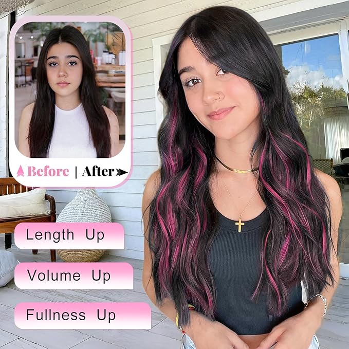 ALXNAN Clip in Long Wavy Synthetic Hair Extension 20 Inch Black Mix Rose Pink Highlights 4PCS Thick Hairpieces Fiber Double Weft Hair for Women