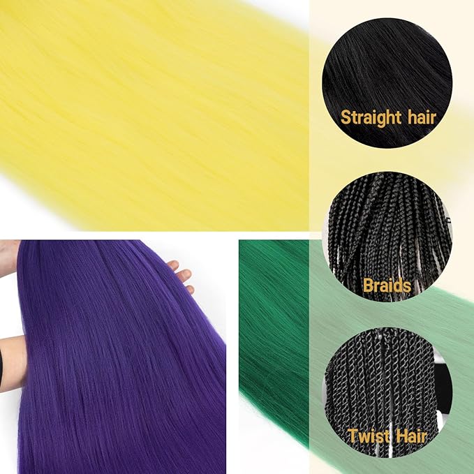 24 inch Colored Pre Stretched Braiding Hair Natural as Human Braiding Hair Extensions Crochet Hair Synthetic Crochet Braids (24Inch, Green/Purple/Yellow)