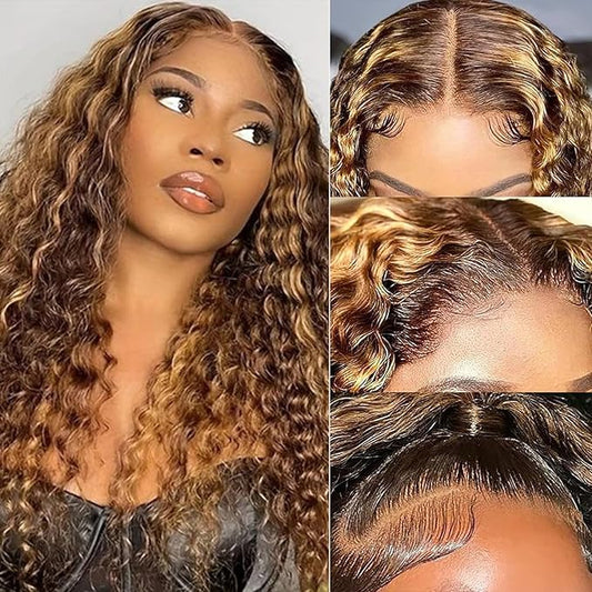 SENSAIRUITE Honey Blonde Deep Wave Lace Front Wigs Human Hair 13x4 Highlight Ombre Curly Lace Front Wig Human Hair 180% Density HD Transparent Glueless Lace Frontal Wigs Pre Plucked 22 Inch