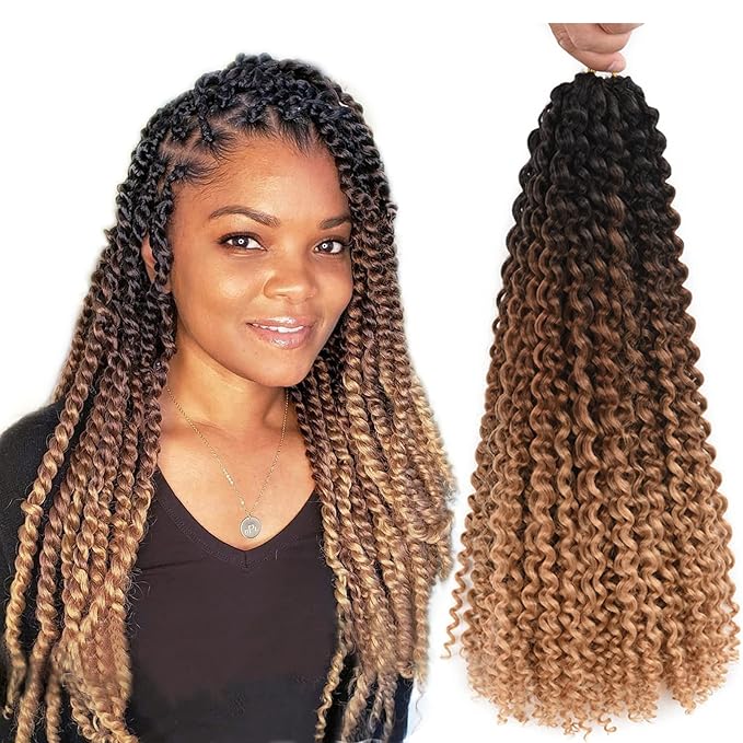 Ombre Passion Twist Hair Water Wave Long Bohemian Curly Crochet Braids For Bomb Twists Goddess Locs Synthetic Braiding Hair Extensions For Black Woman 6 Packs (18inch, Black-dark brown-light brown)