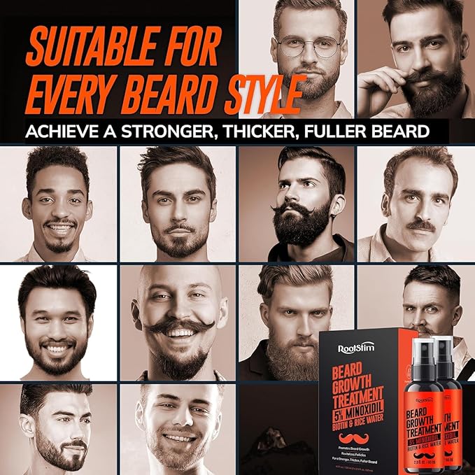 5% Minoxidil Beard Growth Serum for Men: 2-Pack Hair Regrowth Spray with Biotin & Rice Water - Extra Strength Beard Oil for Faster Thicker and Fuller Beard Growth - 4.06 Fl Oz