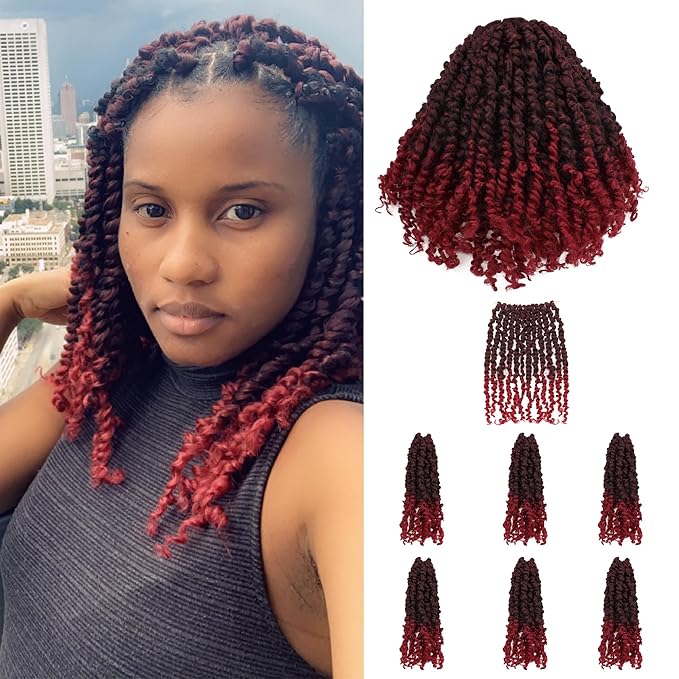 Pre-Twisted Passion Twist Crochet Hair for Black Women Passion Twist Hair Pre Looped Bohemian Braids 10 Inch 7 Packs Ombre Burgundy Short Bob Curly Braiding Hair Extensions(10"-7P,T1B/BUG)
