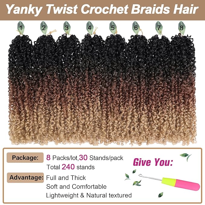 COOKOO 14 Inch Pre-twisted Yanky Twist Crochet Hair with Curly Ends 8 Packs Fluffy Passion Twist Synthetic Braids Pre-looped Senegalese Twist Hair Goddess Crochet Twist Hair for Women 1B/30/27#
