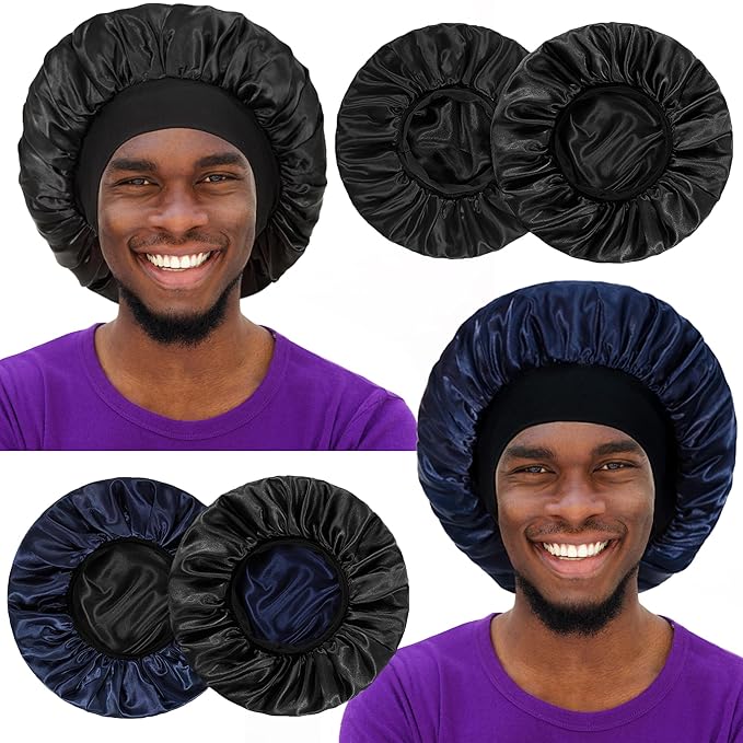 2pcs Bonnet for Men, Bonnets for Women, Satin Silk Hair Bonnet for Sleeping, Reversible Double Layer Wide Band Sleep Cap for Curly Hair Braids
