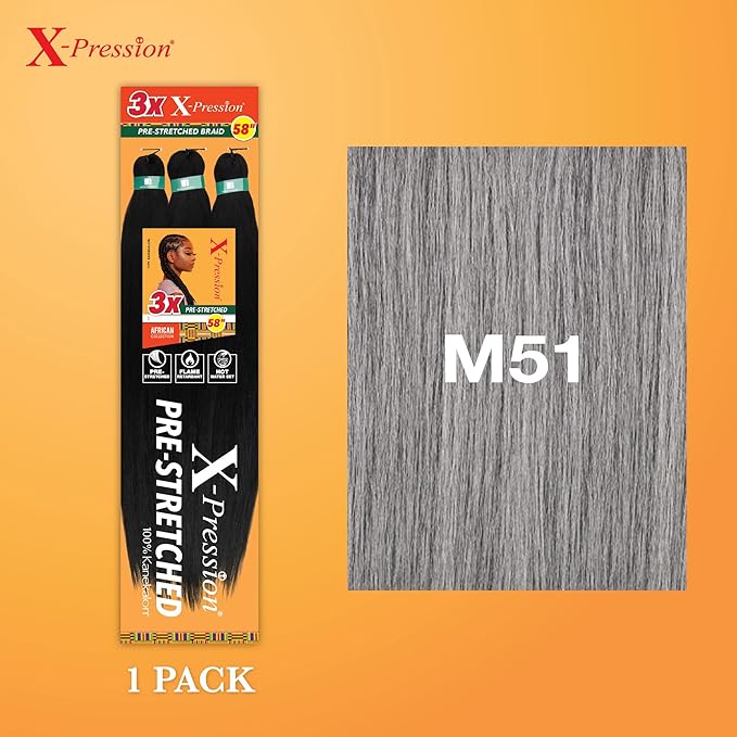 Sensationnel X-pression prestretched braiding hair - 3x braid 58 inch all kanekalon flame retardant synthetic braid for box braids and twists (1 pack, M51)