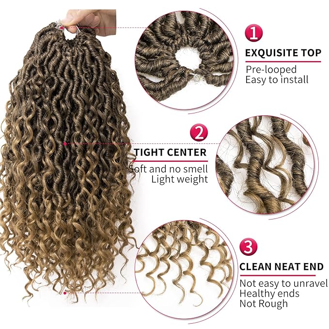 Goddess Locs Crochet Hair 12Inch Faux Locs With Curly Ends 8Packs Pre-looped Boho River Locs Hippie Bohemian Locs Crochet Hair(1B/27, 12inch(Pack of 8))