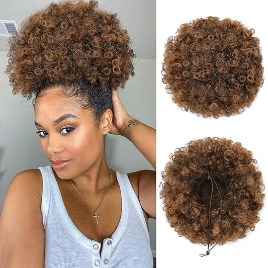 AISI QUEENS Synthetic Afro Puff Drawstring Ponytail Bun Extension Hairpieces Updo Hair Extensions Short Kinky Curly Hair Large Size（1B/30#）