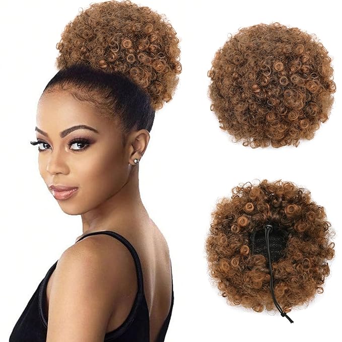 AISI QUEENS Synthetic Curly Puff Drawstring Ponytail Faux Buns Short Kinky Curly Hair Ponytail Hair Extension Updo Wrap Fiber Wig Large Size Black to Auburn Brown(1B/30#)