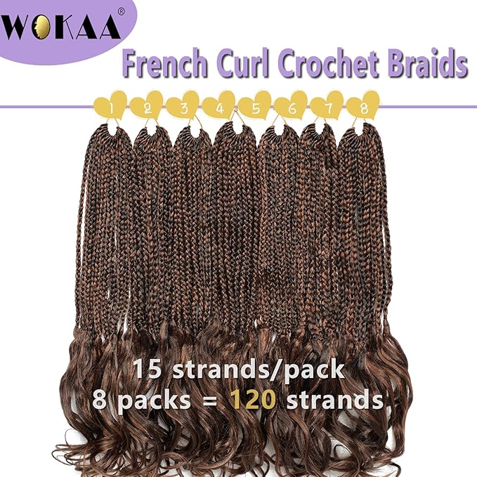 French Curly Braiding Hair Pre looped 18 Inch 8 Packs Crochet Hair for Women Dark Brown mix Brown Crochet Box Braids with Curly Ends Synthetic Hair Extensions P4/30#