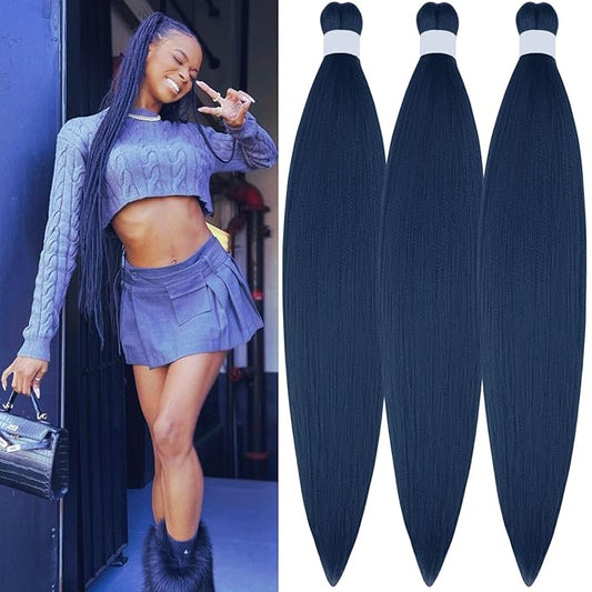Leticia Navy Blue Braiding Hair Pre stretched Hypoallergenic Knotless Ez Braiding Hair for Braids Prestretched Synthetic Hair Extension for Women（Packs of 3,26",10 OZ）