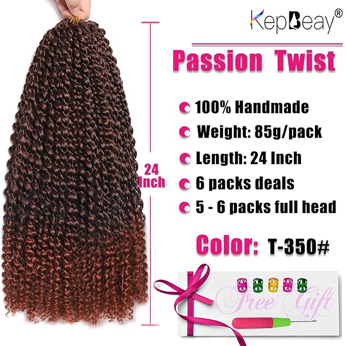 Passion Twist Hair 24 Inch 6 Packs Water Wave Crochet Hair Passion Twist Crochet Hair Synthetic Hair Extensions for Women(24Inch, T350#）