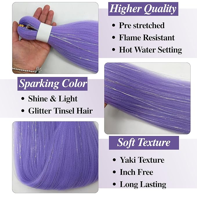 Lavender Tinsel Braiding Hair Pre stretched Braiding Hair for Glitter Braids Festival Braids Cosplay