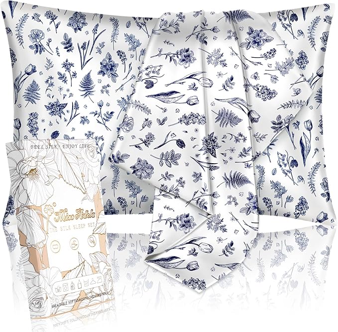 2 Pack Satin Pillowcase - Queen Size 20 x 30 Inches with Hidden Zipper Smooth and Comfortable Pillow Covers Hair and Skin Care for Moms and Women, Blue Line Flower